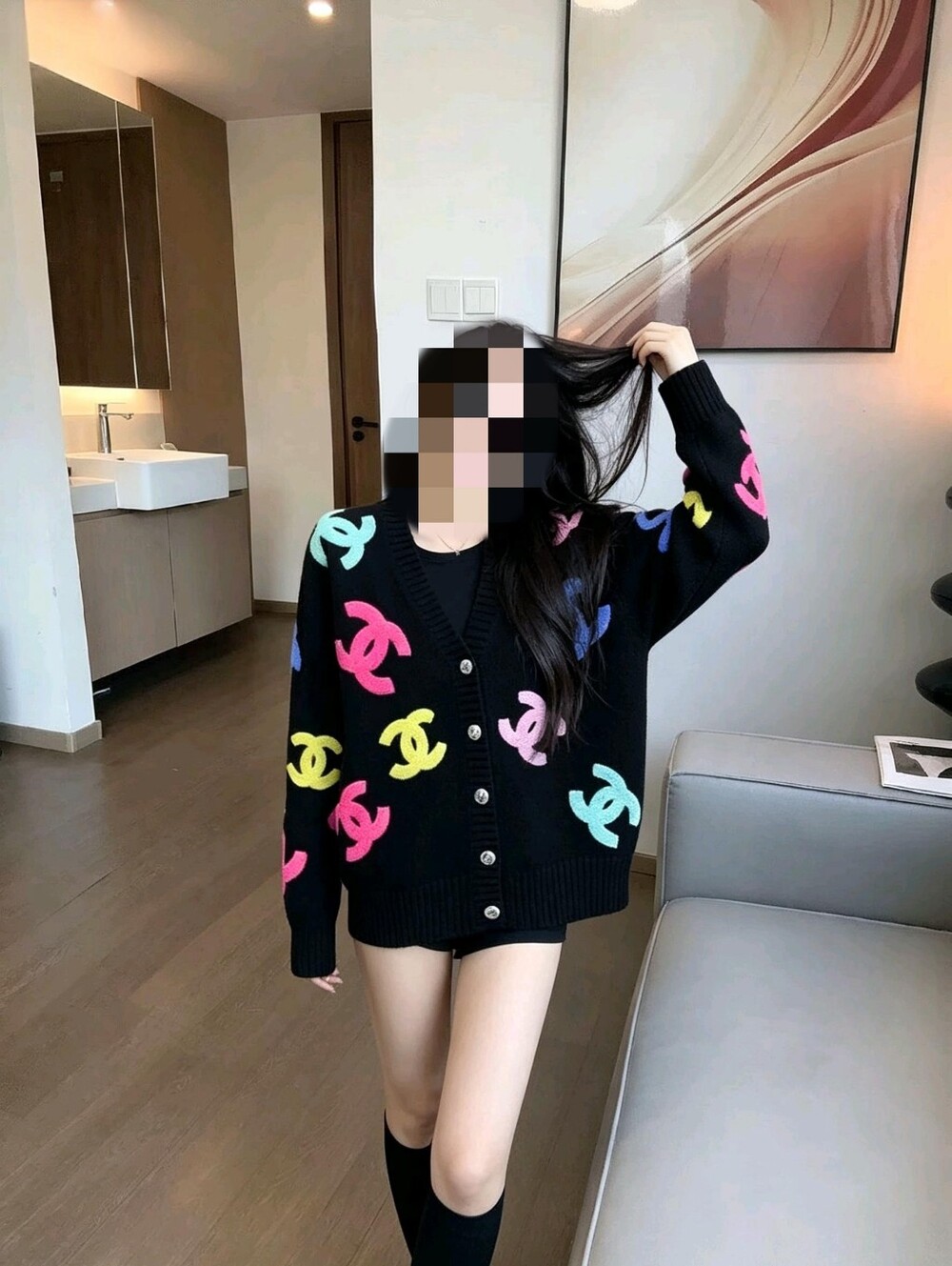 Chanel Black with Multicolor CC Logo Knit Cardigan Sweater - Picture 7 of 9
